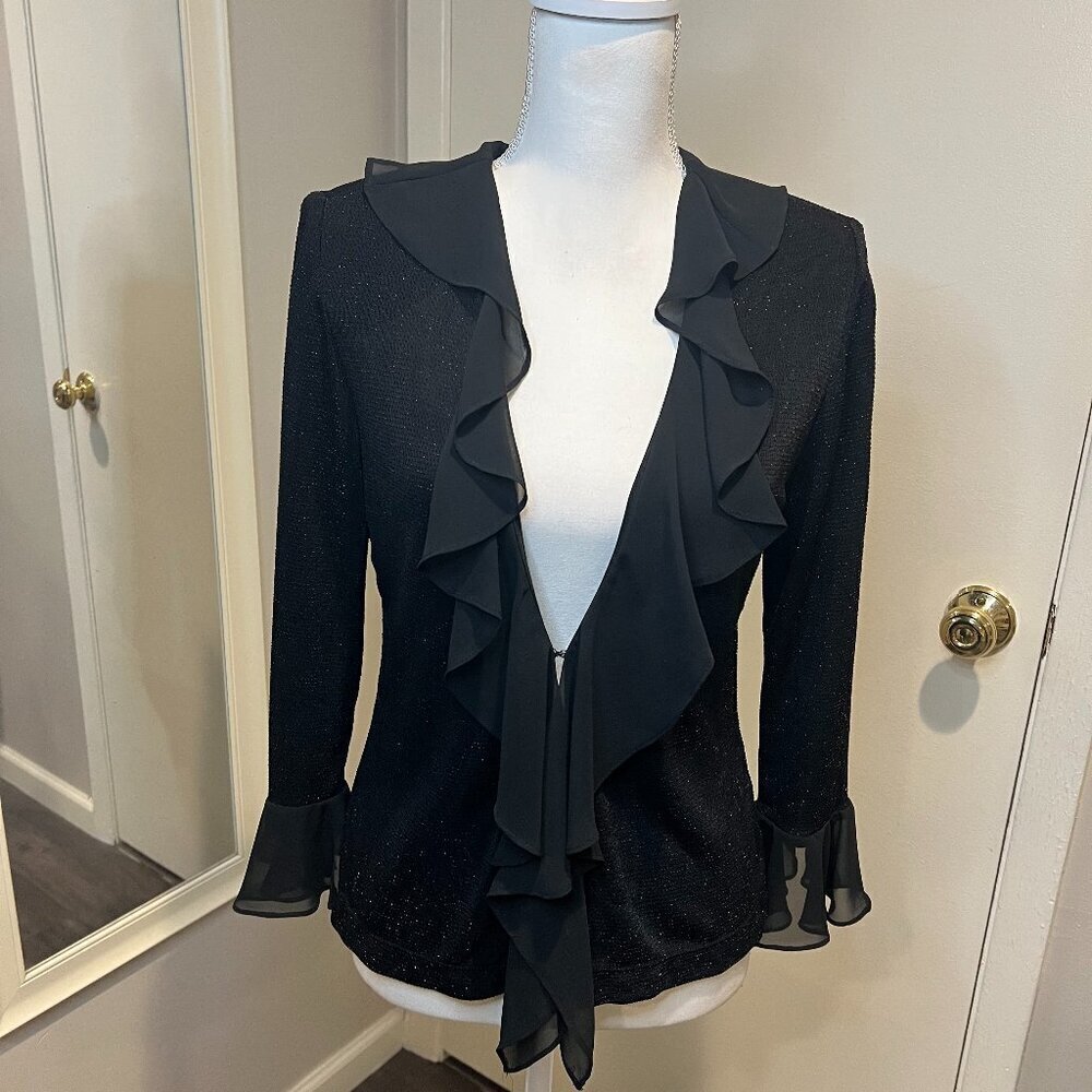 Vintage Xscape Black Glitter Ruffled Cardigan, Size Small